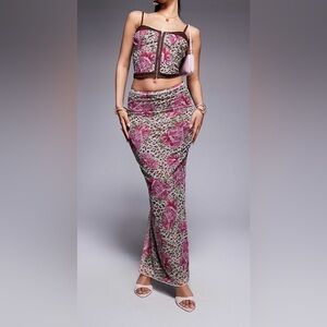 Princess Polly Floral Leopard Print Maxi Skirt - Pink